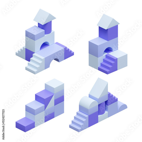 Fototapeta Naklejka Na Ścianę i Meble -  3D Render Building Blocks Toys Collection Purple