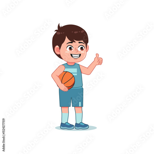 Cute Little Boy Cartoon Playing Basketball Thumb Up Like