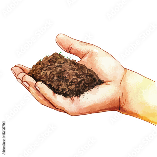 Watercolor Hand Offering Dark Soil with Sprouting Grass