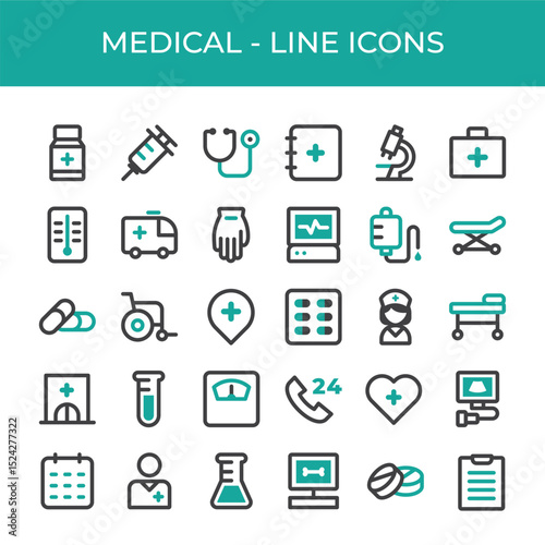 Set of medical icons, containing medicine, hospital, ambulance, healthcare, nurse, pills and more. Dual color line icons