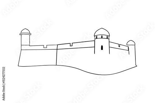Simple line drawing of a fortified wall with towers