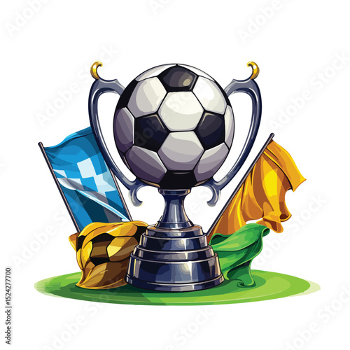 Professional Soccer Trophy Cup Tournament with Referee Flag on White Background