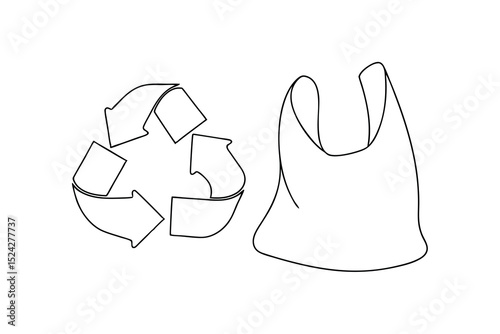 Recycle symbol and plastic bag line drawing illustration