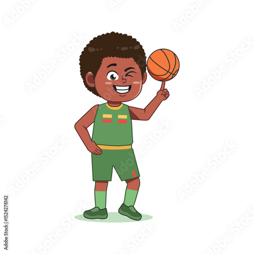 African American Cute Little Boy Cartoon Playing Basketball Spin Ball