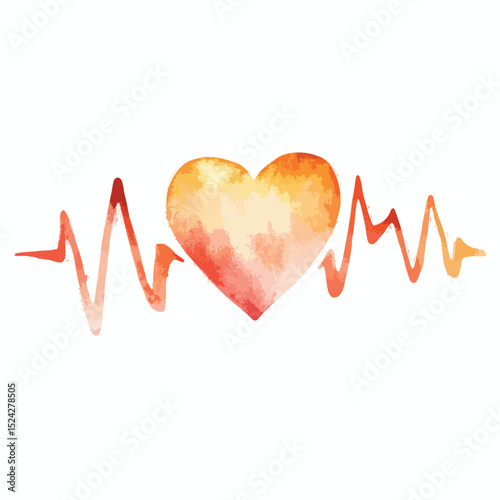 Watercolor Heart and EKG Waveform Representing Love and Vitality