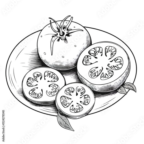 Detailed Vector Illustration of Cartoon Black and White Tomato Slices for Culinary Design