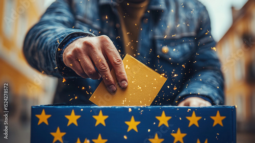 mature voter placing ballot paper in transparent ballot box, eu election concept 