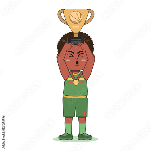African American Cute Little Boy Cartoon Playing Basketball Lift Trophy Winner