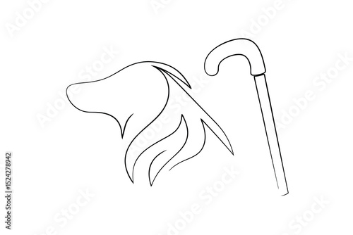 Line drawing of a dog and a walking cane