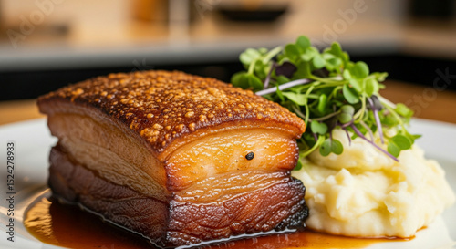 Macro shot of caramelized pork belly with mashed potatoes and microgreens, shot in bokeh-lit kitchen. Perfect skin texture and sharp focus. photo