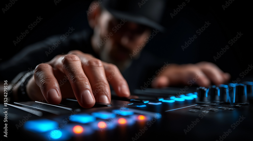 Fototapeta premium DJ bedient beleuchtetes Keyboard mit blauen LED-Lichtern in dunkler Atmosphäre