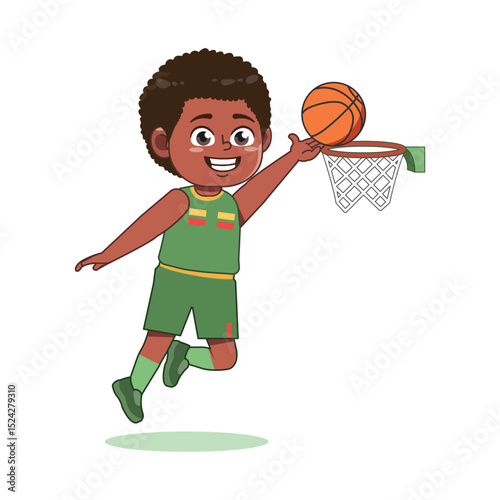 African American Cute Little Boy Cartoon Playing Basketball Lay Up Jump