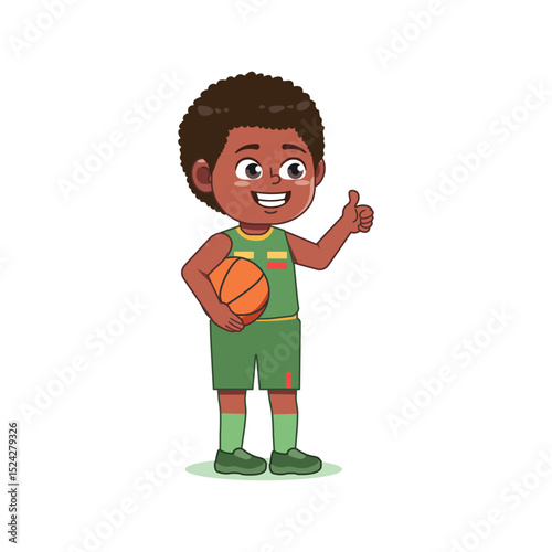 African American Cute Little Boy Cartoon Playing Basketball Thumb Up Like
