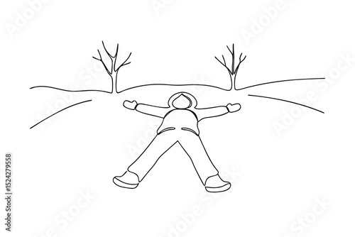 Child making a snow angel winter line drawing