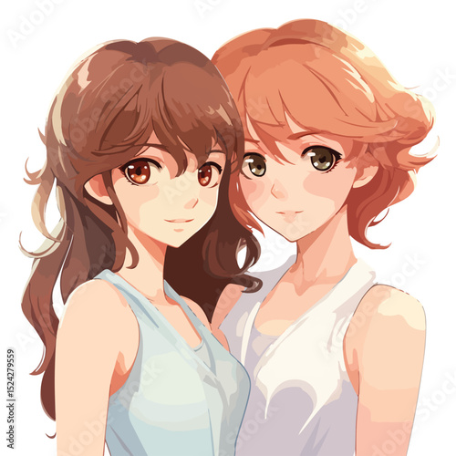 Adorable Young Girls Couple in Anime Style Vector Illustration for Creative Projects