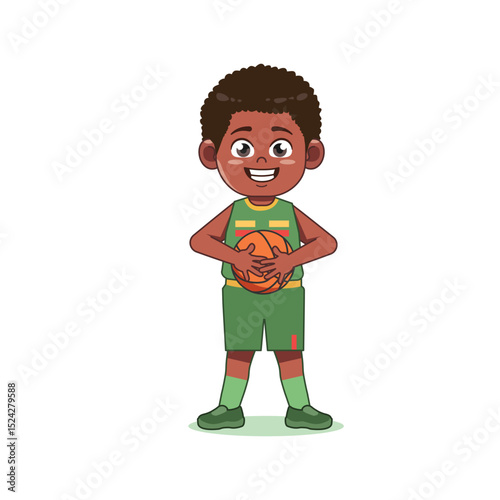 African American Cute Little Boy Cartoon Playing Basketball Keep and Hold Ball
