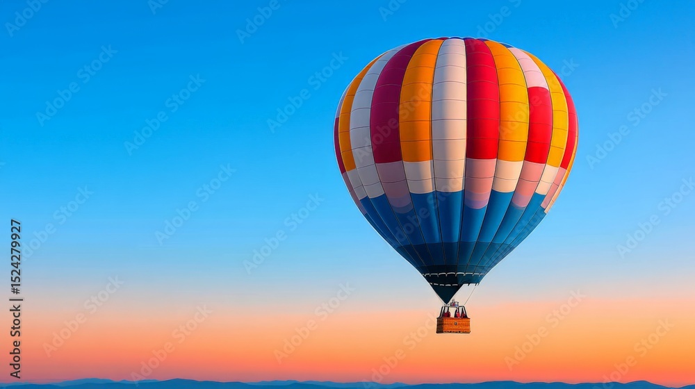 Naklejka premium Colorful hot air balloon soaring in clear blue sky during sunset