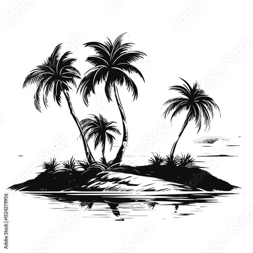Tropical Beach with Palm Trees and Bush in Black and White Vector Illustration
