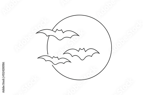 Halloween bats flying around full moon line drawing