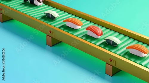 Fresh Sushi on Conveyor Belt in Modern Restaurant Setting