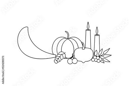 Thanksgiving cornucopia pumpkins candles line drawing illustration