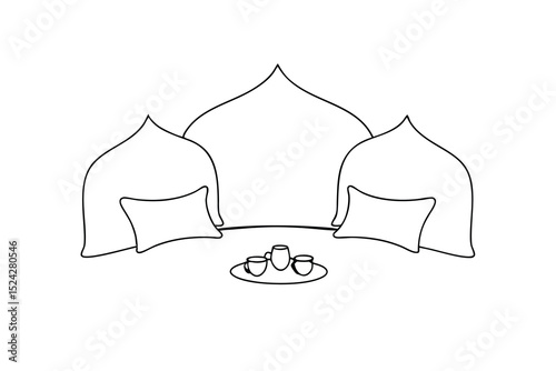 Cozy line drawing of a bed with pillows and tea
