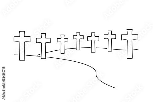 Simple line drawing of crosses in a row on a hill