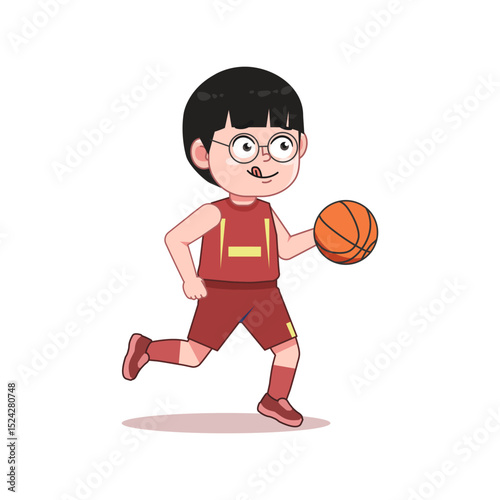 Chinese Happy cute kid boy play train basketball Passing and Dribbling