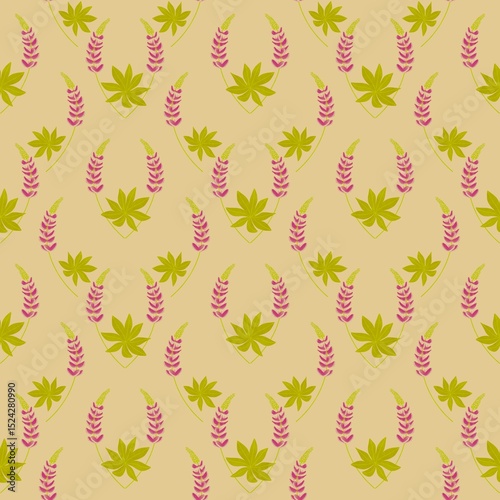 Seamless Pink Lupine Floral Pattern on Warm Beige Background