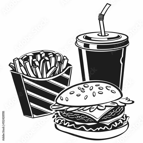 Delicious burger fries soda combo fast food meal