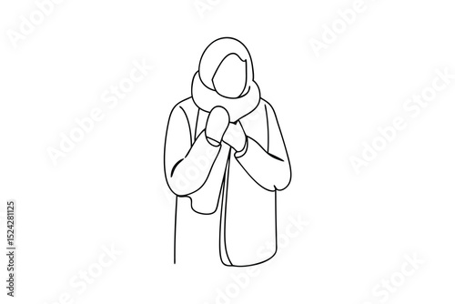 Line drawing of person in winter coat and scarf keeping warm