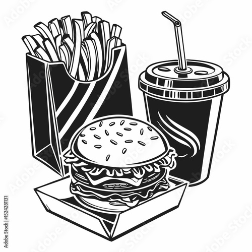 Delicious burger fries and soda combo meal