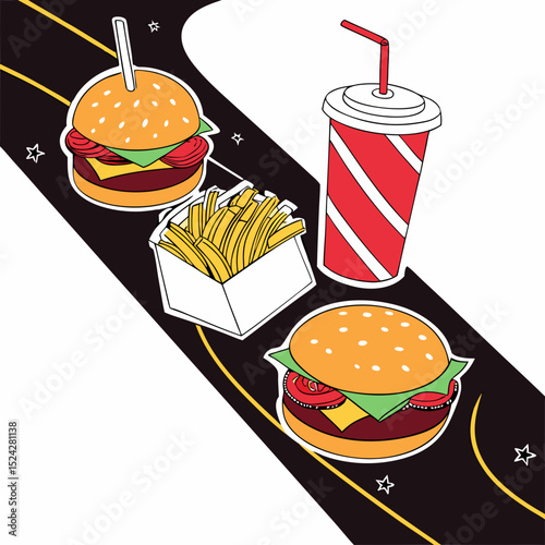 Delicious burgers fries soda fast food meal