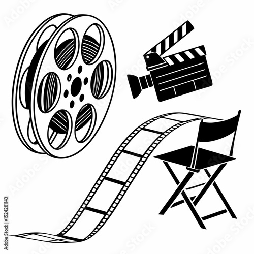 Film reel camera clapperboard director chair movie production