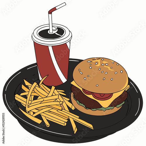 Delicious cheeseburger fries soda combo meal