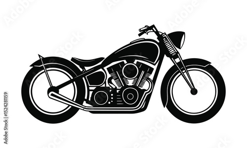 Monochrome Vintage Motorcycle Vector Silhouette with Classic Chopper Style, Heavy Lines, and Detailed Components on White Background
