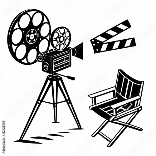 Vintage movie projector clapperboard directors chair