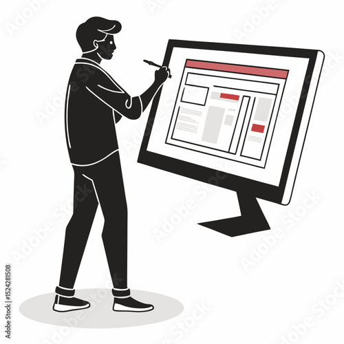 Man designing website interface on large monitor