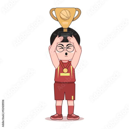Chinese Happy cute kid boy play train basketball Lift Trophy Champion