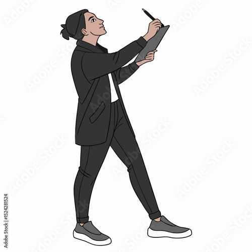 Person writing on clipboard, isolated illustration, transparent background