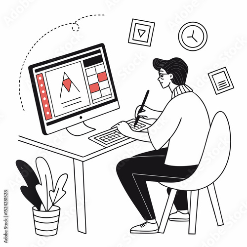 Professional graphic designer working on computer with tablet