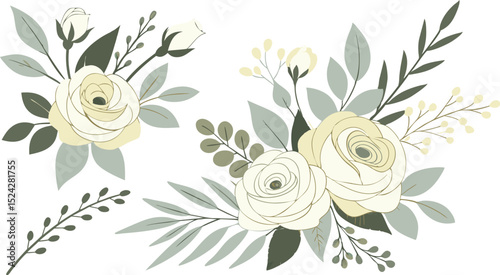 Set of floral branch. Flower pink rose, green leaves. Wedding concept with flowers. Floral poster, invite. Vector arrangements for greeting card.