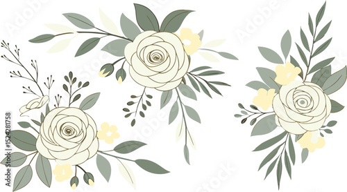 Set of floral branch. Flower pink rose, green leaves. Wedding concept with flowers. Floral poster, invite. Vector arrangements for greeting card.