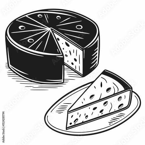 Delicious cheese wheel and wedge illustration