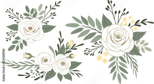 Set of floral branch. Flower pink rose, green leaves. Wedding concept with flowers. Floral poster, invite. Vector arrangements for greeting card.