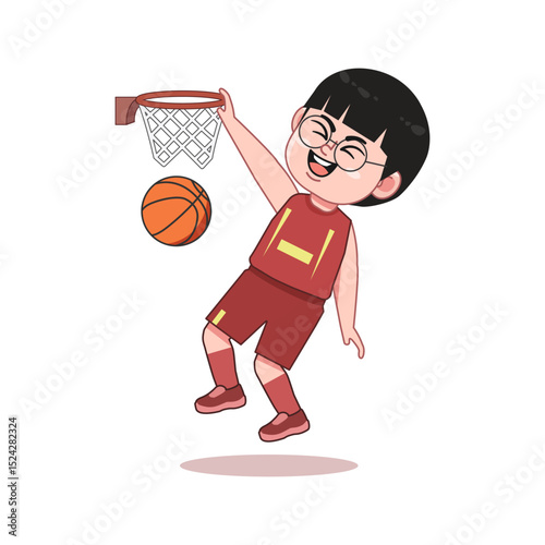 Chinese Happy cute kid boy play train basketball Slam Dunk Jump Score