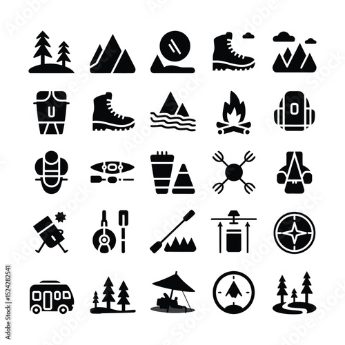 Camping and Outdoor Adventure Icon Set – Hiking, Backpacking, Tent, and Nature Symbols in Black Silhouette Style