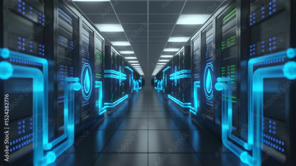 Futuristic data center liquid cooling technology for enhanced efficiency environmental sustainability. Blue glowing pipes circulate coolant within server racks, modern, eco-friendly infrastructure.