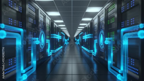 Futuristic data center liquid cooling technology for enhanced efficiency environmental sustainability. Blue glowing pipes circulate coolant within server racks, modern, eco-friendly infrastructure.