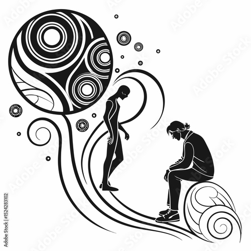 Abstract black and white silhouettes depicting loneliness